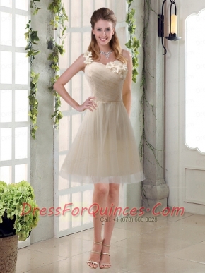 Champagne Ruched Handmade Flowers One Shoulder 2015 Dama Dresses