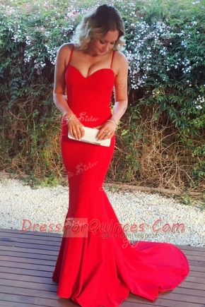 Lovely With Train Mermaid Sleeveless Red Sweep Train Zipper