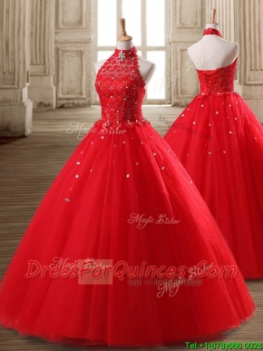 Fashionable Halter Top Beaded Tulle Quinceanera Dress in Red