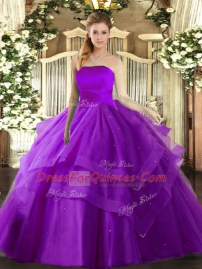 Fine Strapless Sleeveless 15th Birthday Dress Floor Length Ruffled Layers Eggplant Purple Tulle