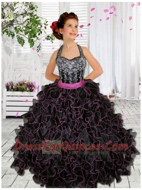 Elegant Halter Beading Black Little Gril Pageant Dresses for 2014