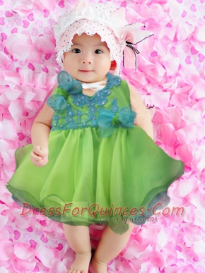 Simple Ball Gown Scoop Green Little Girl Dress With Appliques Hand Made Flowers Bowknot