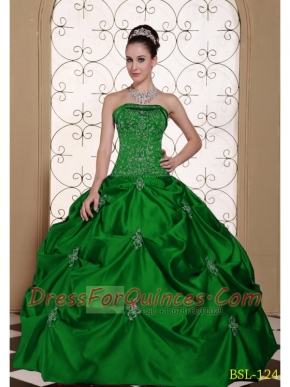 2014 Embroidery Taffeta Dark Green Strapless Cheap Quinceanera Dresses