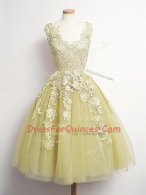 Cheap Yellow A-line Appliques Dama Dress for Quinceanera Lace Up Tulle Sleeveless Knee Length