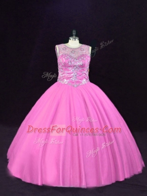 Gorgeous Pink Lace Up Quinceanera Dresses Beading Sleeveless Floor Length