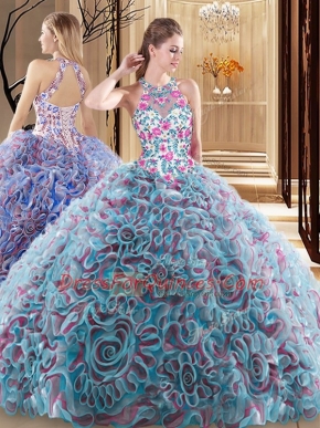 Multi-color Criss Cross Sweet 16 Dress Ruffles and Pattern Sleeveless Sweep Train