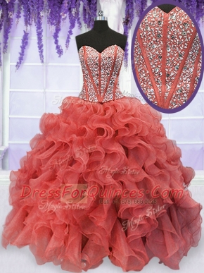 Charming Coral Red Sleeveless Floor Length Beading and Ruffles Lace Up Quinceanera Gown