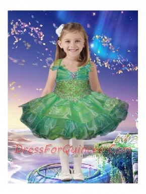 Popular Ball Gown Straps Knee-length Beading Ruffled Layers Green Little Girl Dress