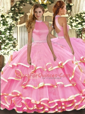 Low Price Pink Sleeveless Floor Length Beading and Ruffled Layers Backless 15 Quinceanera Dress