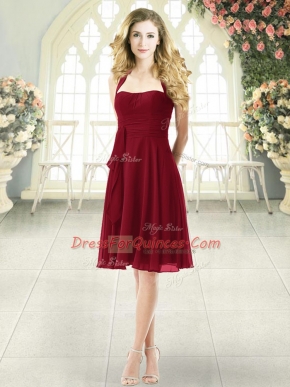 Gorgeous Burgundy Chiffon Zipper Party Dress Wholesale Sleeveless Knee Length Ruching