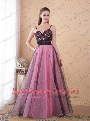 Rose Pink A-Line / Princess Spaghetti Straps Floor-length Tulle Appliques Prom Dress