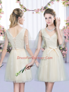 Champagne Empire Tulle V-neck Sleeveless Bowknot Mini Length Lace Up Quinceanera Court Dresses