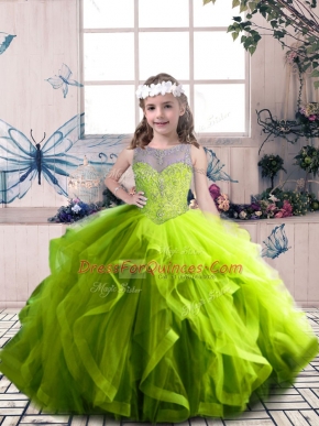 Olive Green Lace Up Scoop Beading and Ruffles Little Girls Pageant Gowns Tulle Sleeveless