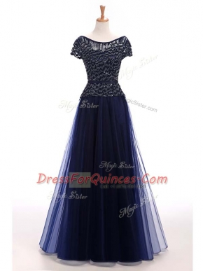 Short Sleeves Floor Length Beading Lace Up Prom Gown with Navy Blue