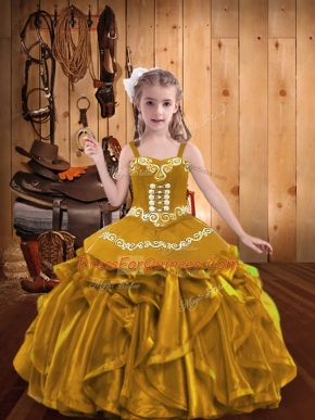 Latest Gold V-neck Neckline Embroidery and Ruffles Little Girls Pageant Dress Sleeveless Lace Up