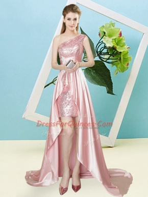 Trendy Baby Pink Empire One Shoulder Sleeveless Elastic Woven Satin and Sequined High Low Lace Up Sequins Prom Dress