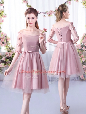 Pink A-line Belt Dama Dress Lace Up Tulle Half Sleeves Knee Length