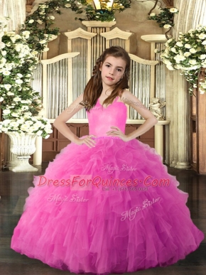 Glorious Hot Pink Ball Gowns Ruffles Little Girl Pageant Gowns Lace Up Tulle Sleeveless Floor Length