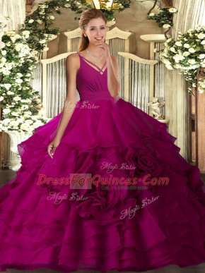 Sweet Sleeveless Floor Length Ruching Backless Quince Ball Gowns with Fuchsia