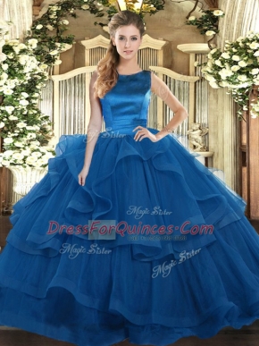 Glamorous Sleeveless Tulle Floor Length Lace Up Quinceanera Dress in Blue with Ruffles