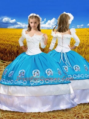 Floor Length Blue And White Kids Pageant Dress Off The Shoulder 3 4 Length Sleeve Lace Up