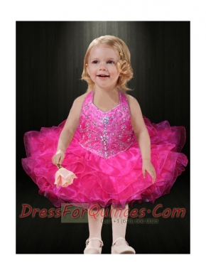 2014 Beautiful Hot Pink Halter Little Girl Dress with Beading and Ruffles