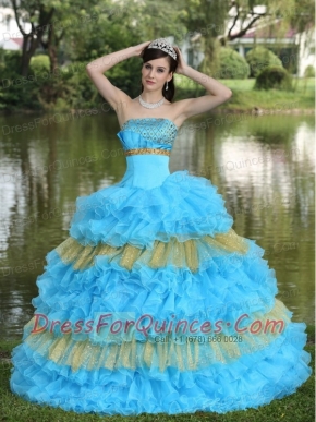 Quinceanera Dress Beaded Decorate Bust Sequins Organza Aqua Blue and Yellow Strapless Floor-length Tiered Sweet For 2013