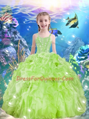 Yellow Green Ball Gowns Organza Straps Sleeveless Beading and Ruffles Floor Length Lace Up Girls Pageant Dresses