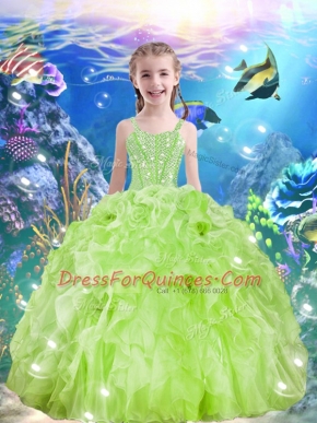Yellow Green Ball Gowns Organza Straps Sleeveless Beading and Ruffles Floor Length Lace Up Girls Pageant Dresses