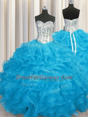 Wonderful Sweetheart Long Sleeves Lace Up Quince Ball Gowns Aqua Blue Organza