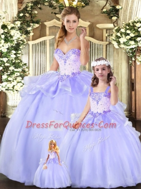 Lavender Lace Up Quinceanera Gowns Beading and Ruffles Sleeveless Floor Length