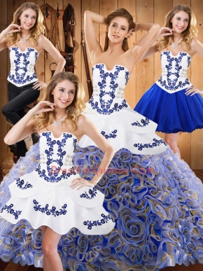 Fashion Multi-color Satin and Fabric With Rolling Flowers Lace Up Strapless Sleeveless With Train Quinceanera Dresses Sweep Train Embroidery