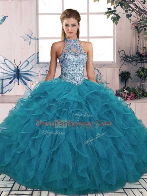 Decent Beading and Ruffles Vestidos de Quinceanera Teal Lace Up Sleeveless Floor Length