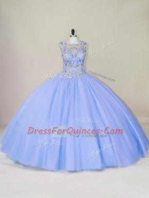 Lavender Tulle Lace Up Scoop Sleeveless Floor Length Sweet 16 Quinceanera Dress Beading