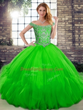 Green Tulle Lace Up Sweet 16 Quinceanera Dress Sleeveless Floor Length Beading and Ruffles