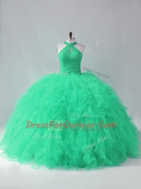 Glittering Turquoise Tulle Lace Up Halter Top Sleeveless Sweet 16 Quinceanera Dress Beading and Ruffles