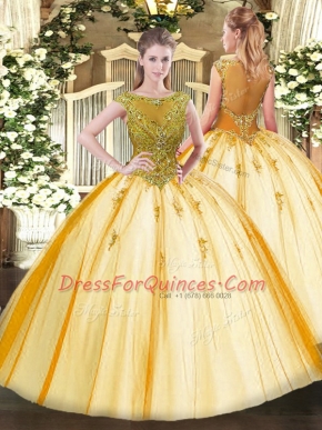 Sexy Gold Tulle Lace Up Scoop Cap Sleeves Floor Length Vestidos de Quinceanera Beading