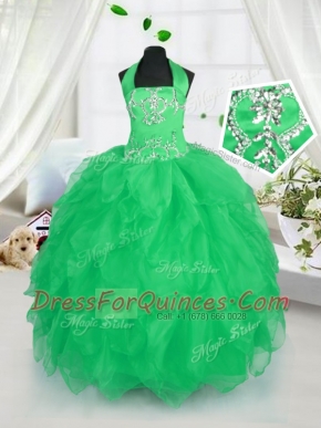 Clearance Apple Green Halter Top Lace Up Appliques and Ruffles Flower Girl Dress Sleeveless