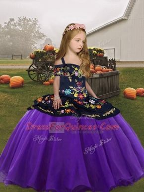 Eggplant Purple Ball Gowns Organza Straps Sleeveless Embroidery Floor Length Zipper Glitz Pageant Dress