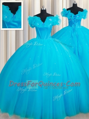 Off the Shoulder Baby Blue Vestidos de Quinceanera Tulle Court Train Sleeveless Hand Made Flower
