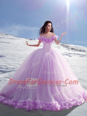 Off The Shoulder Cap Sleeves Quinceanera Gowns Court Train Hand Made Flower Lilac Tulle