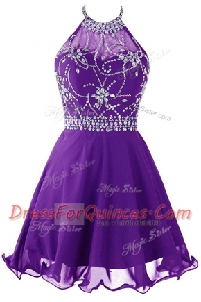 Purple Organza Zipper Halter Top Sleeveless Mini Length Prom Evening Gown Beading
