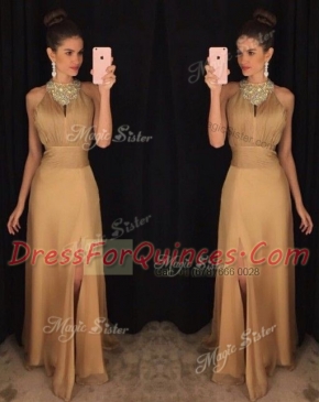 Scoop Sleeveless Floor Length Beading Gold Satin