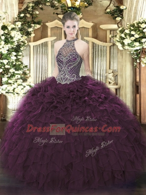 Dark Purple Lace Up Quince Ball Gowns Beading and Ruffles Sleeveless Floor Length