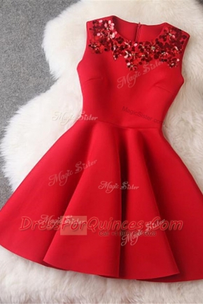 Beauteous Red Satin Zipper Scoop Sleeveless Knee Length Prom Party Dress Beading