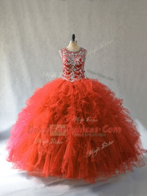 Trendy Floor Length Orange Red Quinceanera Gowns Scoop Sleeveless Lace Up