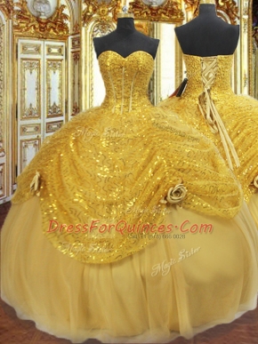 Custom Made Gold Tulle Lace Up Ball Gown Prom Dress Sleeveless Floor Length Pick Ups and Hand Made Flower