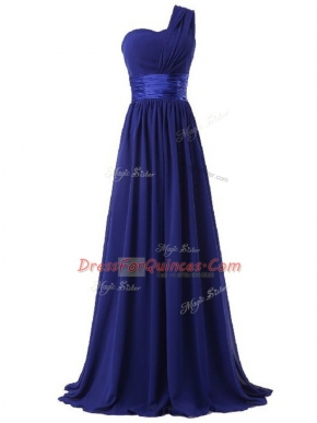 High Class Royal Blue Chiffon Lace Up One Shoulder Sleeveless Floor Length Damas Dress Ruching
