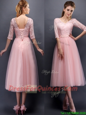 See Through V Neck Half Sleeves Dama Dresses with Lace and Belt