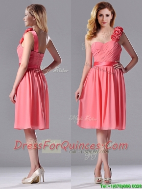 Popular Watermelon Prom Dress with Hand Made Flowers Decorated One Shoulder